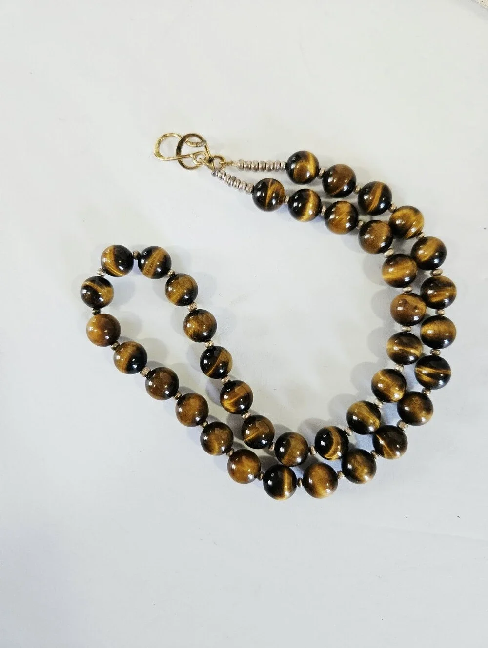 Vintage Tigers Eye Chatoyant Sterling Silver Clasp Long Round Beaded Necklace